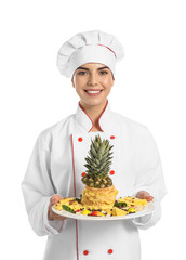 Young female confectioner with tasty dessert on white background