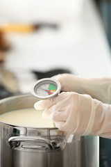 Woman preparing tasty cheese in kitchen, closeup