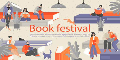 Book festival banner with people sitting on huge books and reading