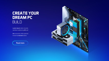 Gaming, workstation and mining computer isometric illustration, custom assembly computer components for workstation, pc store and service © CreativeCore