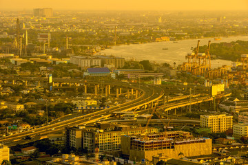 Bangkok's transportation at sunset in Bangkok, Thailand