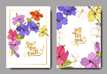 Vector Hibiscus floral botanical flower. Engraved ink art. Wedding background card floral decorative border.