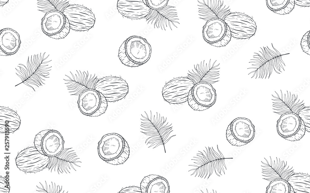 Wall mural seamless pattern with coconuts and palm leaves. hand drawn vector