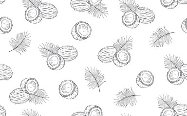 Seamless pattern with coconuts and palm leaves. Hand drawn vector - obrazy, fototapety, plakaty