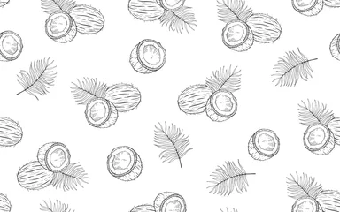 Fotobehang Zwart wit Naadloos patroon met kokosnoten en palmbladeren. Hand getekende vector