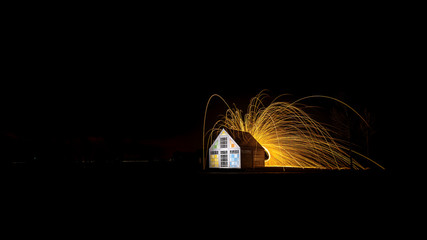 Lightpainting with burning steel wool in the night