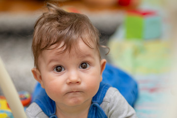 The boy lies on his stomach on the carpet and crawls