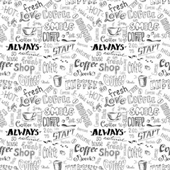 Seamless pattern with hand drawn coffee elements -lettering,text, cups, mugs and beans.