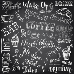 Set coffee sign and letters,hand drawn on blackboard,