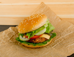 Burger with Roast Beef, Cheese and Fresh Green Lettuce Salad
