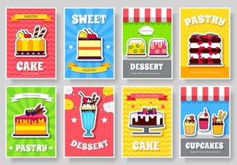 Naklejka premium Sweet for party or wedding brochure cards set. Cake stand template of flyear, magazines, posters, book cover, banners. Food infographic concept background. Layout illustrations pages with typography