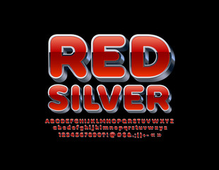 Vector Red and Silver 3D Alphabet. Reflective Letters, Numbers and Symbols set. Glossy metallic Font for Business