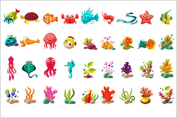 Fototapeta Sea creature big set, colorful cartoon ocean animals, plants and fishes vector Illustrations on a white background obraz