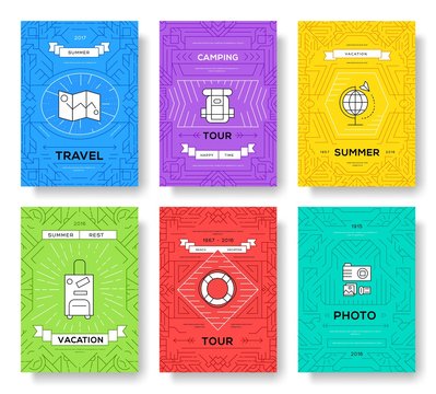 Summer travel trip infographic icons items design. Vacation rest with any elements set. Tour, journey outline illustrations vector background. Tourist image on thin line style concept