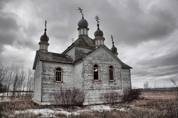 Old dilapidated Ukrainian church in small Canadian prairie locations