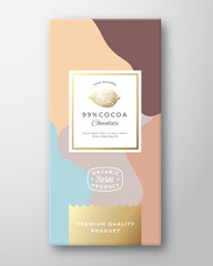 Fototapeta premium Cocoa Chocolate Label. Abstract Vector Packaging Design Layout with Soft Realistic Shadows. Modern Typography, Hand Drawn Cocoa Bean Silhouette and Colorful Background.