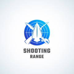 Shooting Range Abstract Vector Icon, Symbol or Logo Template. Crossed Riffle, Sword and Arrow Head Sillhouettes in a Circle with Target and Typography.