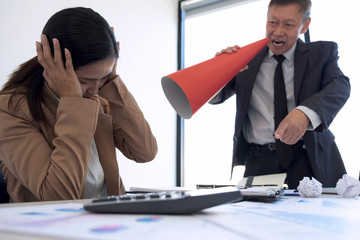 Blaming business concept, Senior executive manager blaming employee for mistake or failure,...
