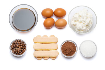 Ingredients for cooking tiramisu - Savoiardi biscuit cookies, mascarpone, cream, sugar, cocoa, coffee and egg