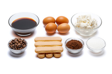 Ingredients for cooking tiramisu - Savoiardi biscuit cookies, mascarpone, cream, sugar, cocoa, coffee and egg
