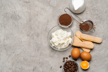 Ingredients for cooking tiramisu - Savoiardi biscuit cookies, mascarpone, cheese, sugar, cocoa, coffee and egg