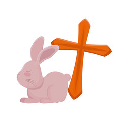 cute rabbit with wooden catholic cross