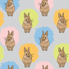 Easter Bunny Seamless Pattern on Grey. Sweet Pastel Color Illustration