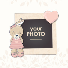Design photo frame on nice background. Decorative template for baby, family or memories. Scrapbook concept, vector illustration. Birthday.