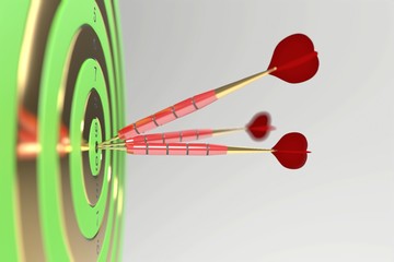 Three red darts hitting the bullseye. 3d illustration