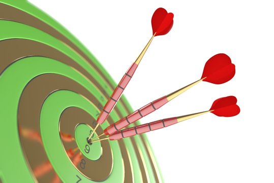 Three red darts hitting the bullseye. 3d illustration