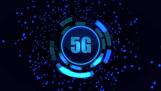Digital animation 5G logo against rotating abstract blue background. High speed network and telecommunication concept. 4k