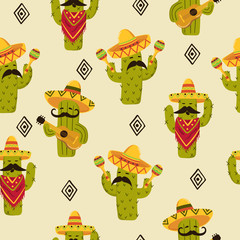 Mexican cactus seamless pattern. Cute cactus with guitar, sombrero, maracas.