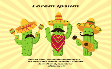 Set of cartoon mexican cactus. Card design. Vector illustration.