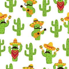 Mexican cactus seamless pattern. Cute cactus with guitar, sombrero, maracas. © Afanasia