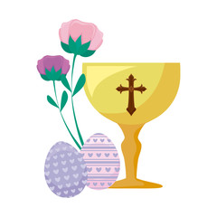 chalice with eggs of easter and flowers