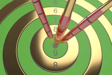 Three red darts hitting the bullseye. 3d illustration