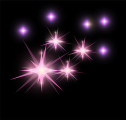 Pink bright glowing and shining star flares effect isolated on black background. Vector illustration