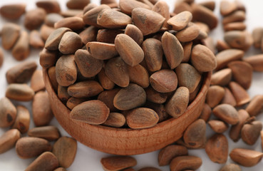 Pine nuts poured into a round plate. Pine nuts contain many vitamins minerals and omega-3.