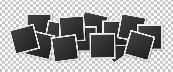 Black and white photo frame with shadows isolated on transparent background. Vector illustration