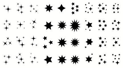 Black simple flat style light star flares big pack isolated on white background. Vector illustration