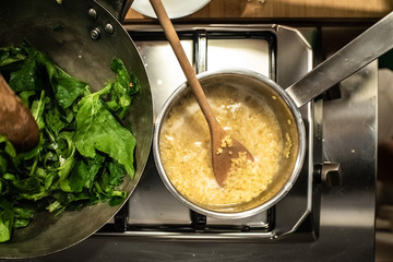 Cook sauteed kale vegetables in a wok