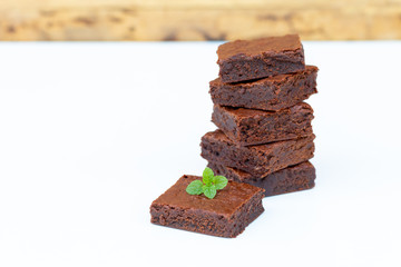 Close up homemade chocolate brownies with copy space