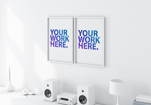 2 White Poster Frames on Wall Mockup