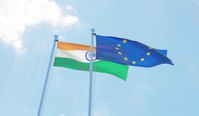 India and EU, two flags waving against blue sky. 3d image