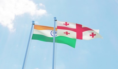 India and Georgia, two flags waving against blue sky. 3d image