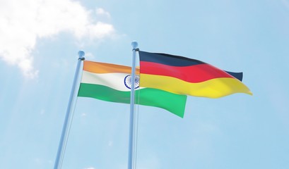 India and Germany, two flags waving against blue sky. 3d image