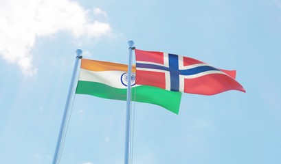 India and Norway, two flags waving against blue sky. 3d image