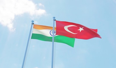 India and Turkey, two flags waving against blue sky. 3d image