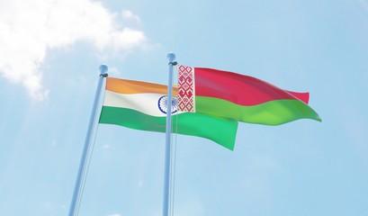 India and Belarus, two flags waving against blue sky. 3d image