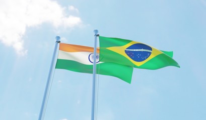 India and Brazil, two flags waving against blue sky. 3d image